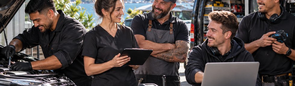 A team of mobile mechanics and tech specialists working on a car and laptop diagnostics, Auckland