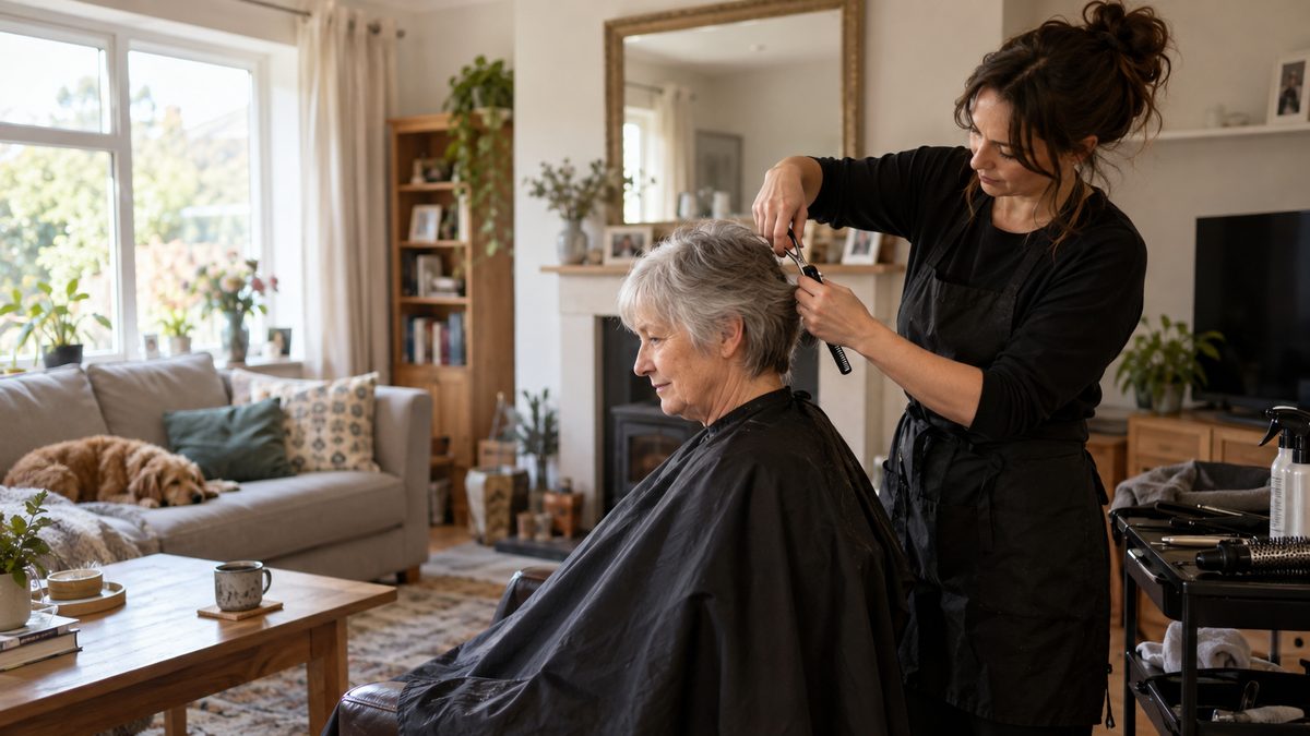 A mobile hairdresser cutting a client's hair in a home living room