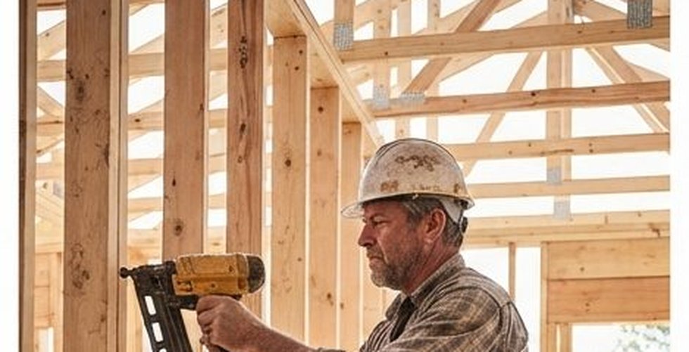 A builder framing a new house wall with a nail gun, New Zealand building site