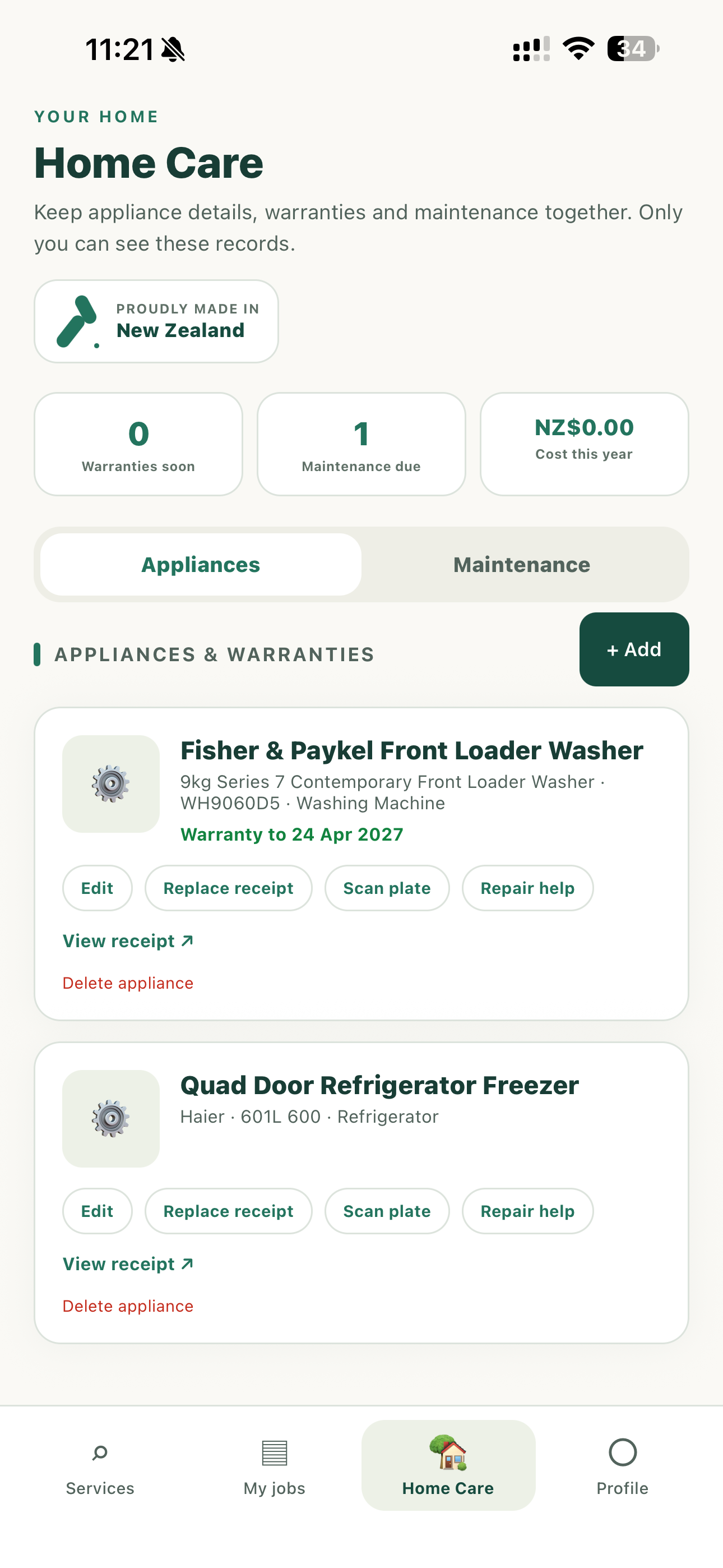 Doory Home Care appliances screen showing saved appliance, warranty and receipt details