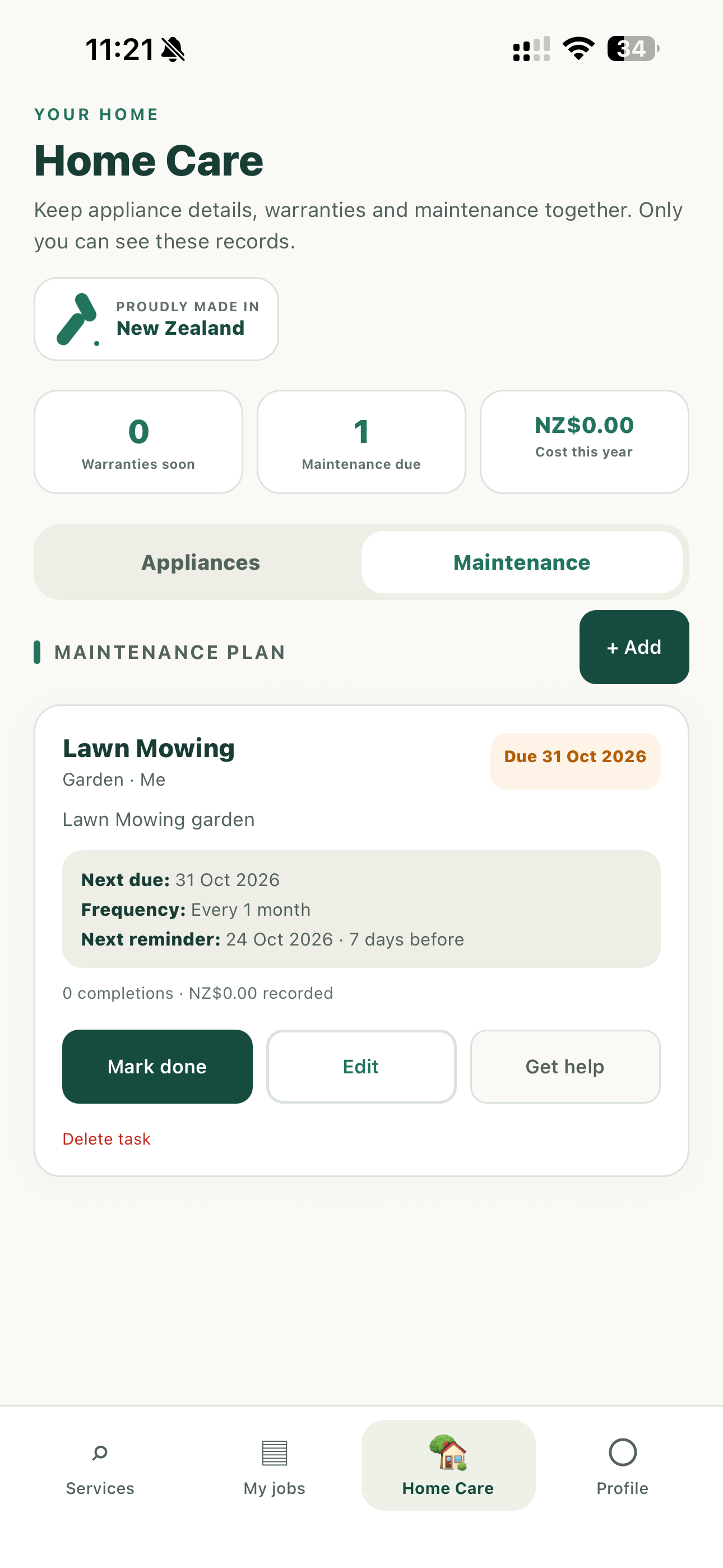 Doory Home Care maintenance screen showing the next due date, frequency and reminder date