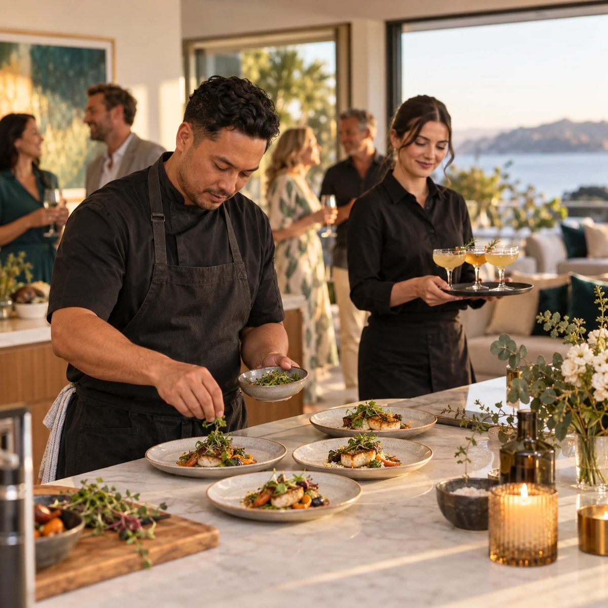 A private chef plating dishes while wait staff serve cocktails at a home dinner party