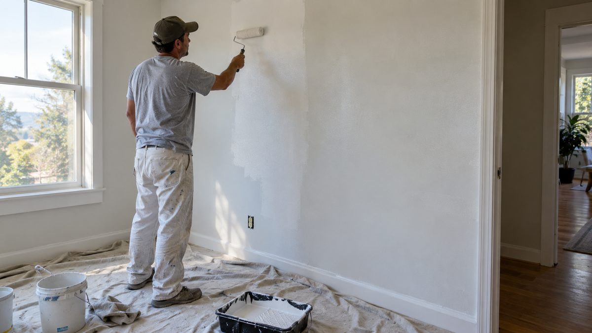 A painter rolling fresh paint onto an interior wall