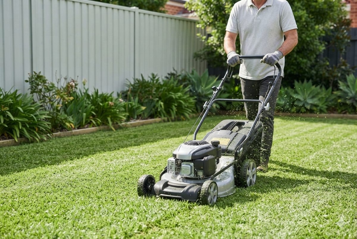 A lawn-care professional mowing a backyard lawn