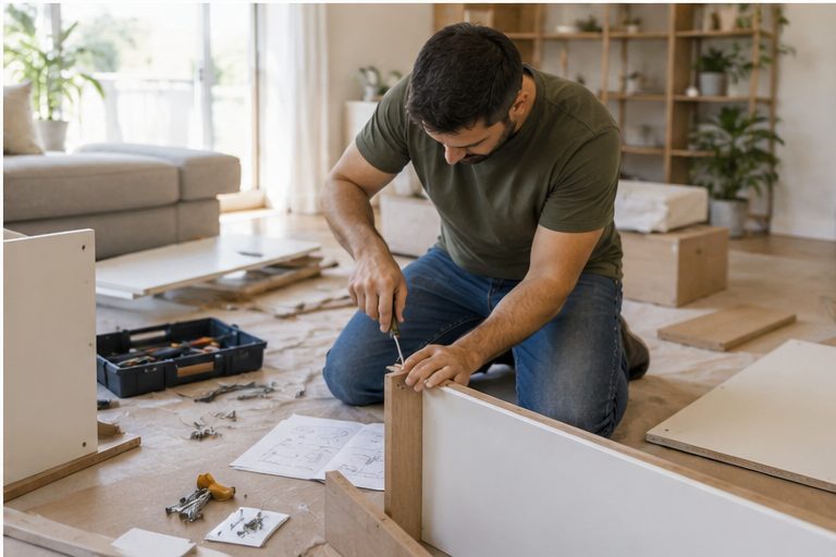 A handyman assembling flat-pack furniture at a customer's home