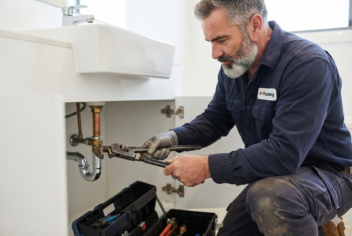 A licensed plumber repairing pipework under a bathroom vanity