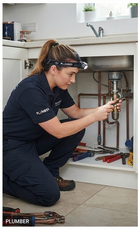 A licensed plumber checking pipework under a sink