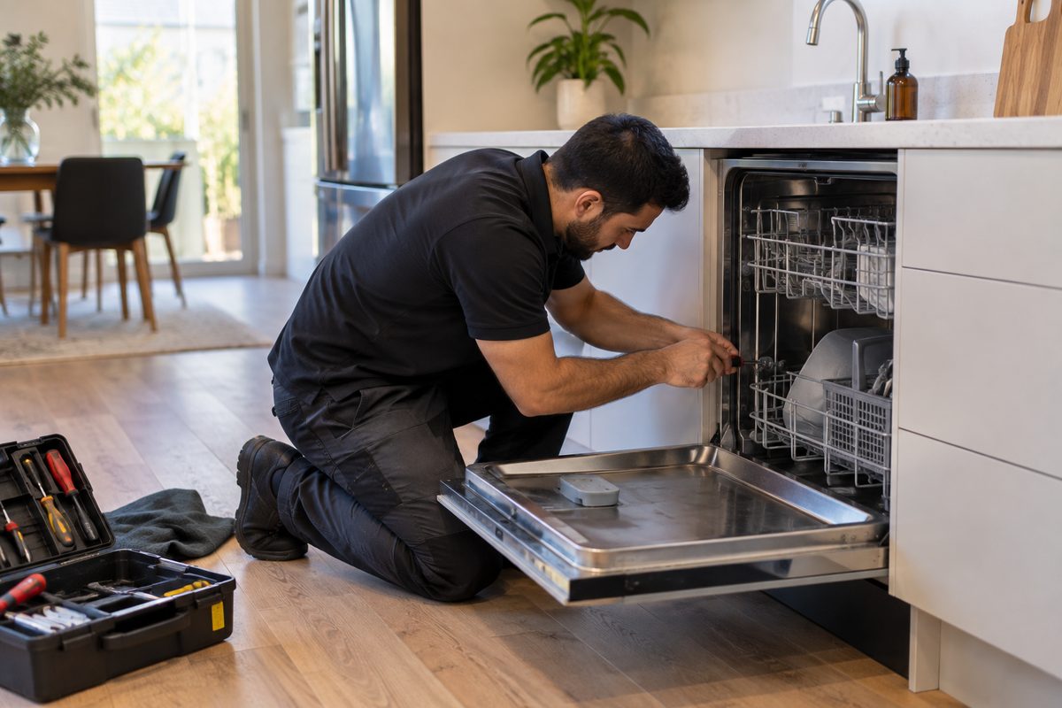 A technician repairing a dishwasher in a home kitchen