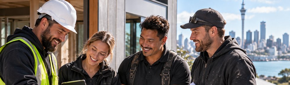 A building inspector reviewing plans with a construction crew on site, Auckland