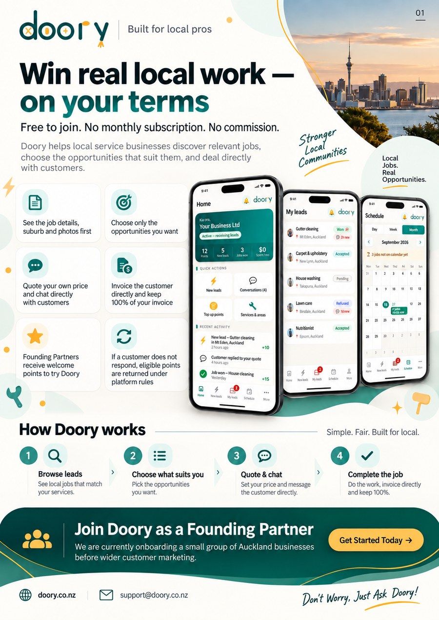 Doory vendor guide page 1: how Doory works for tradies, key benefits and the 4-step lead-to-job process
