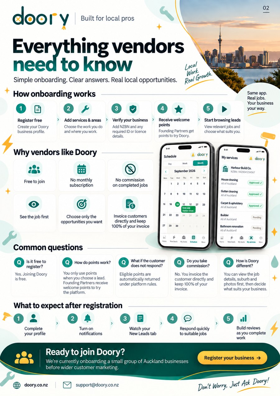 Doory vendor guide page 2: onboarding steps, why vendors like Doory, and common questions