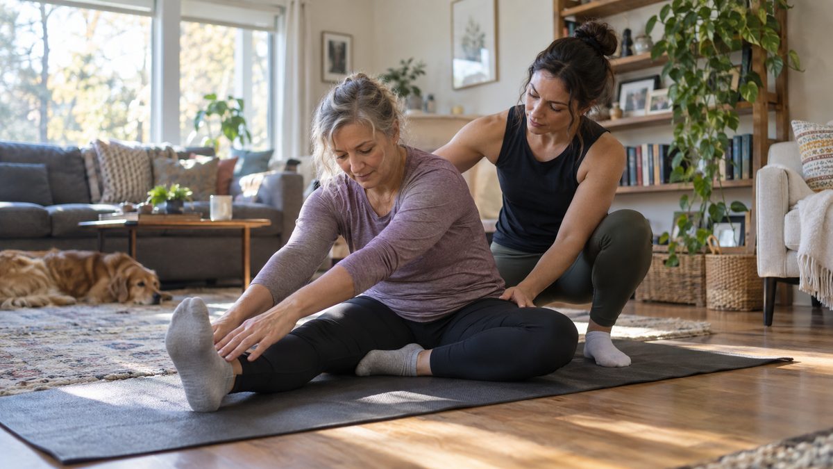 A personal trainer guiding a client through a stretching exercise at home